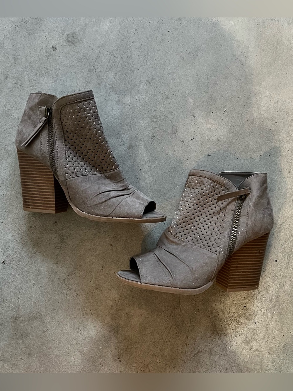 Qupid Gray Perforated Suede Peep-Toe Block Heel Booties